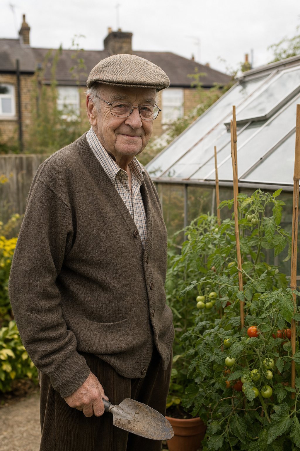 An older man in a flat cap standing in his garden by his tomato plants